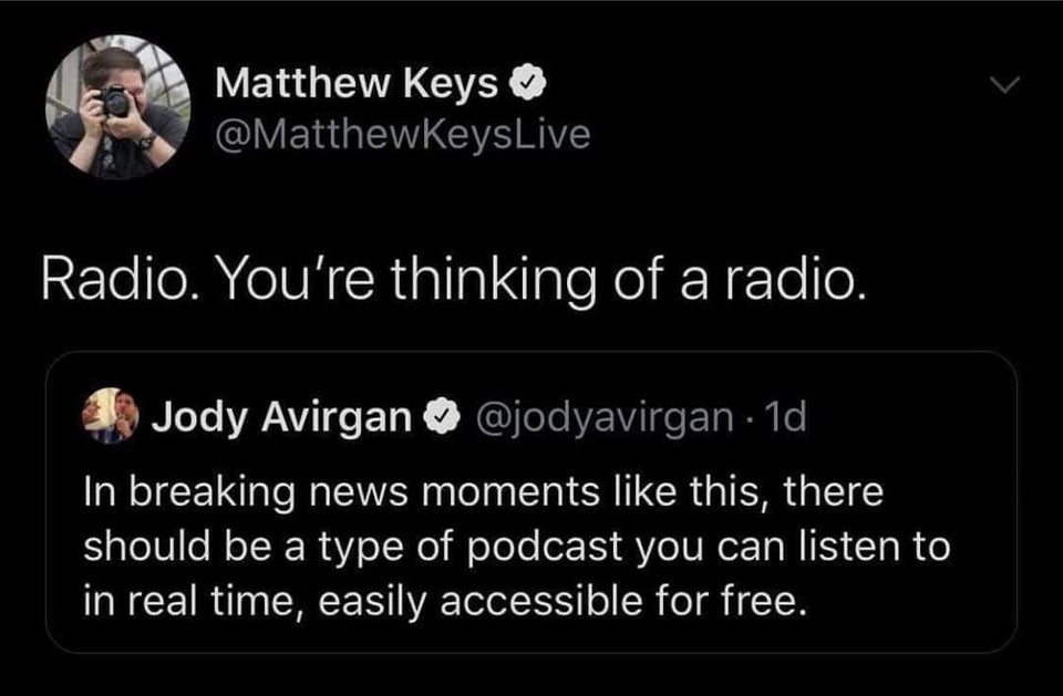 matthew key - Matthew Keys Radio. You're thinking of a radio. 1. Jody Avirgan 1d In breaking news moments this, there should be a type of podcast you can listen to in real time, easily accessible for free.