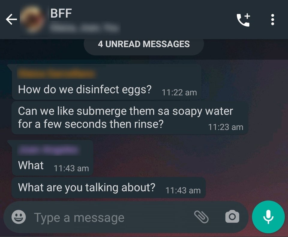 interruttore a chiave - Bff. 4 Unread Messages How do we disinfect eggs? Can we submerge them sa soapy water for a few seconds then rinse? What What are you talking about? e Type a message