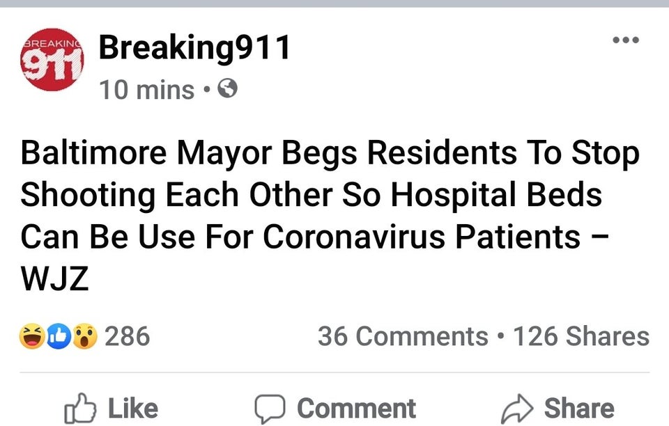 angle - Breaking911 10 mins Baltimore Mayor Begs Residents To Stop Shooting Each Other So Hospital Beds Can Be Use For Coronavirus Patients Wjz 30% 286 36 126 o Comment