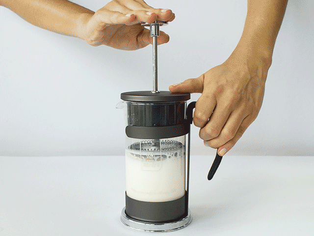 “If you have a French press for coffee, you can also froth milk in it after. Pour in hot milk and raise and lower the plunger until the volume of the milk has about doubled.”