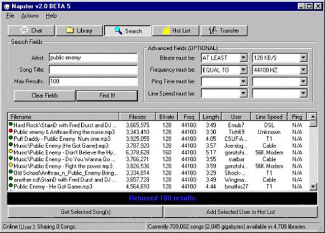 napster 1999 - Napster v2.0 Beta 5 Eile Actions Hop Chord Search Fields labrary Search Hot List It Prenate Advanced Fields Optional Betale must be At Least Frequency must be Equal To Png Time must be Line Speed must be Artist pubic enemy Song Title Max Re