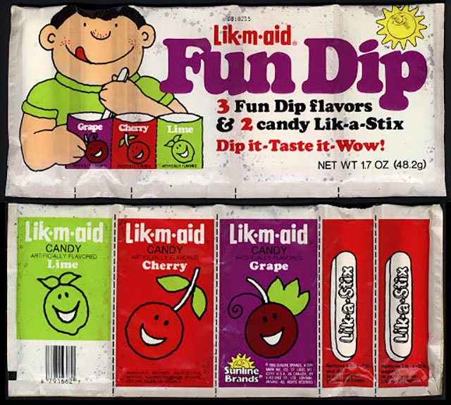 fun dip candy - 01021 Likmaid 3 Fun Dip flavors & 2 candy LikaStix Dip itTaste it Wow! Net Wt 17 Oz 48.29 likm aid Lik.m.gid Lik.m.gid Candy Atacally Flavored Lime Candy Artially Flavored Candy Cally Flavored Grape Cherry Lik@ Stix CikaStix Sunline Brands