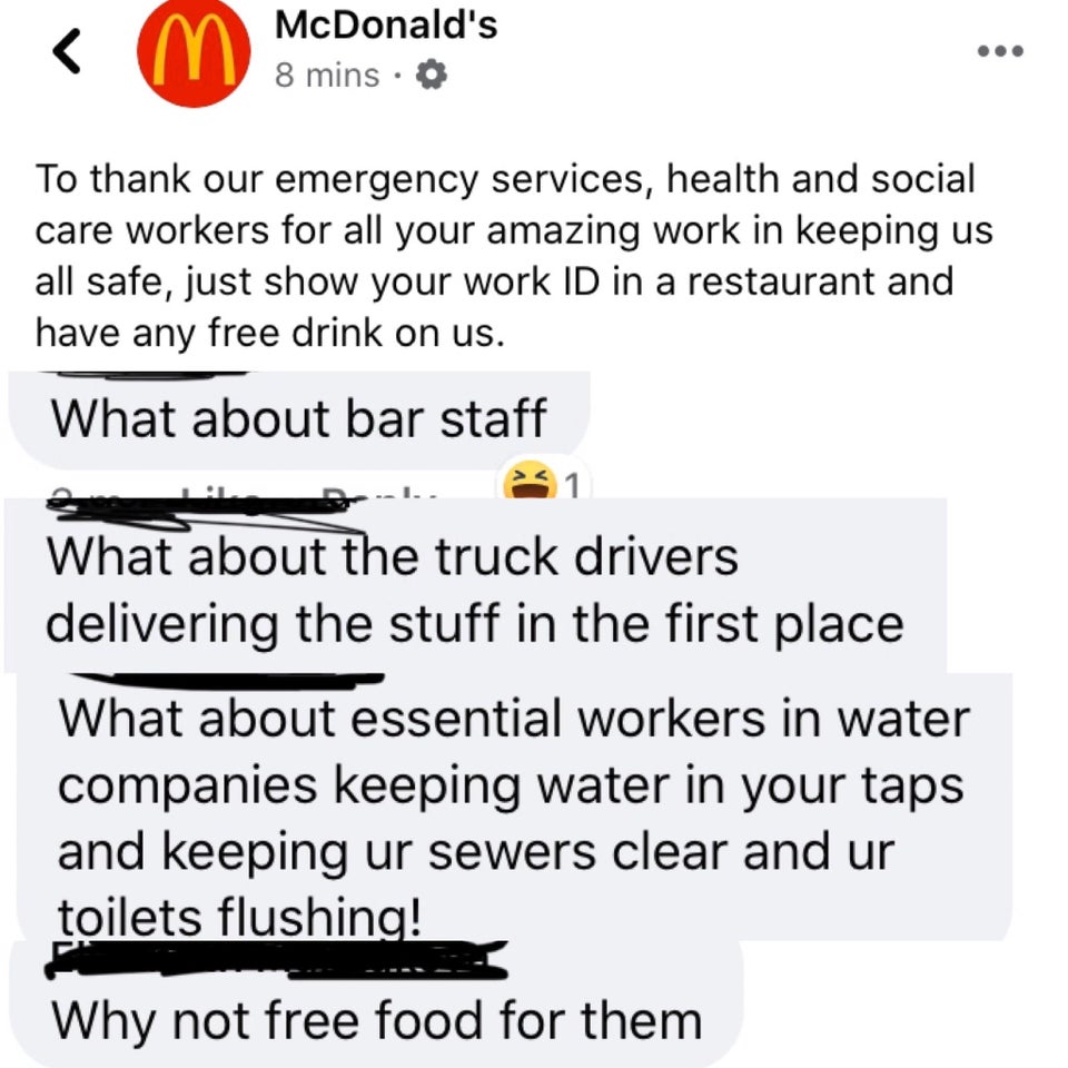 document - McDonald's 8 mins. To thank our emergency services, health and social care workers for all your amazing work in keeping us all safe, just show your work Id in a restaurant and have any free drink on us. What about bar staff 21 What about the tr