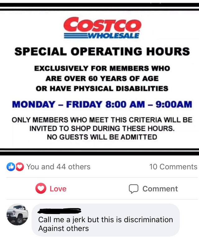 web page - Costco Ewholesale Special Operating Hours Exclusively For Members Who Are Over 60 Years Of Age Or Have Physical Disabilities Monday Friday Am Only Members Who Meet This Criteria Will Be Invited To Shop During These Hours. No Guests Will Be Admi