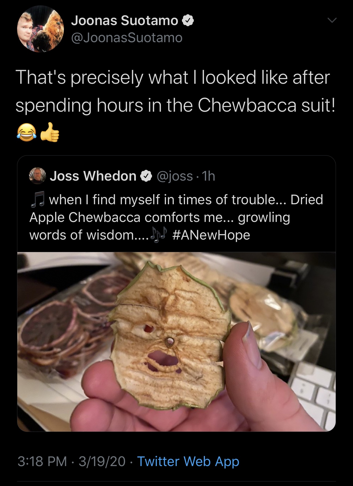 photo caption - Joonas Suotamo That's precisely what I looked after spending hours in the Chewbacca suit! Joss Whedon 1h when I find myself in times of trouble... Dried Apple Chewbacca comforts me... growling words of wisdom....Jd 31920 Twitter Web App