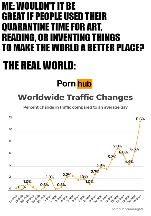 angle - Me Wouldn'T It Be Great If People Used Their Quarantine Time For Art, Reading, Or Inventing Things To Make The World A Better Place? The Real World Porn hub Worldwide Traffic Changes Percent change in traffic compared to an average day 11.6% 7.0% 