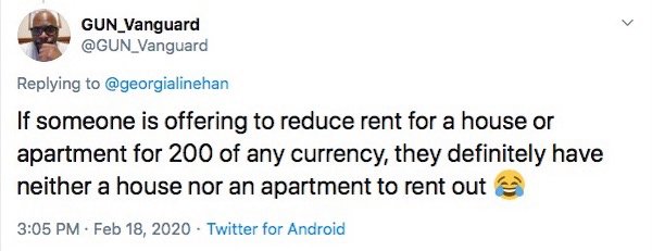 document - GUN_Vanguard If someone is offering to reduce rent for a house or apartment for 200 of any currency, they definitely have neither a house nor an apartment to rent out a . Twitter for Android