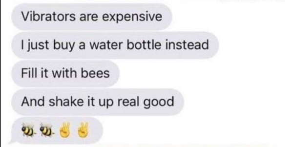 bees vibrator - Vibrators are expensive I just buy a water bottle instead Fill it with bees And shake it up real good