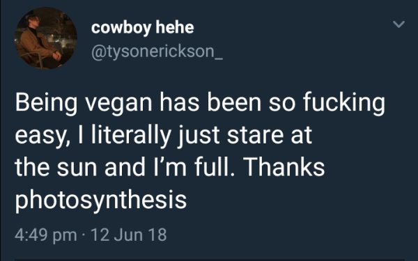 presentation - cowboy hehe Being vegan has been so fucking easy, I literally just stare at the sun and I'm full. Thanks photosynthesis 12 Jun 18