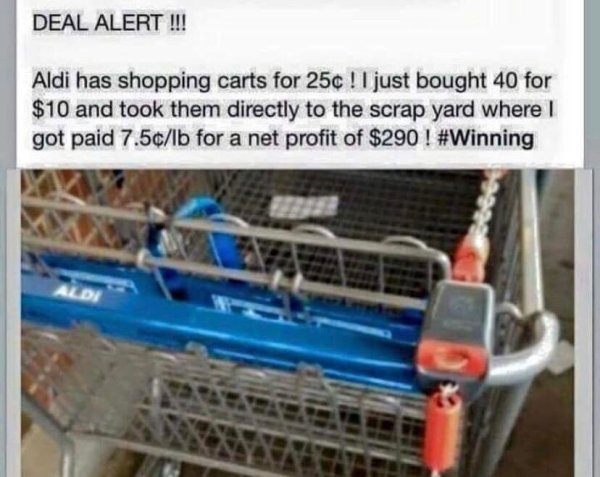 shopping at aldi memes - Deal Alert !!! Aldi has shopping carts for 25 ! I just bought 40 for $10 and took them directly to the scrap yard where I got paid 7.5clb for a net profit of $290 !