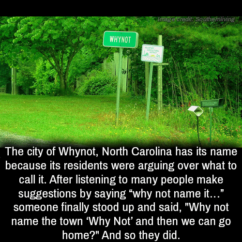 nature - Image credit Southemliving Whynot The city of Whynot, North Carolina has its name because its residents were arguing over what to call it. After listening to many people make suggestions by saying "why not name it..." someone finally stood up and