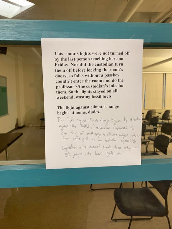 classroom - This room's lights were not turned off by the last person teaching here on Friday. Nor did the custodian turn them off before locking the room's doors, so folks without a passkey couldn't enter the room and do the professor'sthe custodian's jo