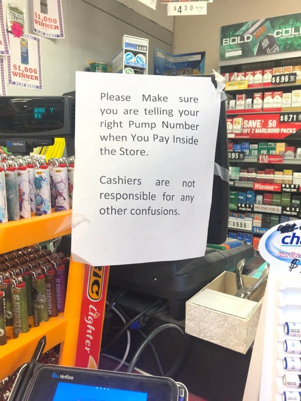 convenience store - $430 1,000 Winners Bold $1,000 Winner $6.96 Ga Bnky Please Make sure you are telling your right Pump Number when You Pay Inside the Store. $6713 Save' 50 Off 2 Marlboro Packs Winston Cashiers are not responsible for any other confusion