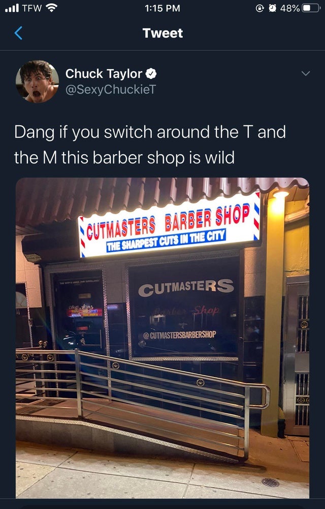 display advertising - In Tew @ @ 48%O Tweet Chuck Taylor Dang if you switch around the T and the M this barber shop is wild, Cutmasters Barber Shop The Sharpest Cuts In The City Cutmasters e Shop @ Cutmastersbarbershop
