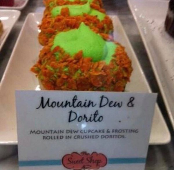 Mountain Dew & Dorito Mountain Dew Cupcake & Frosting Rolled In Crushed Doritos Sweet Shop