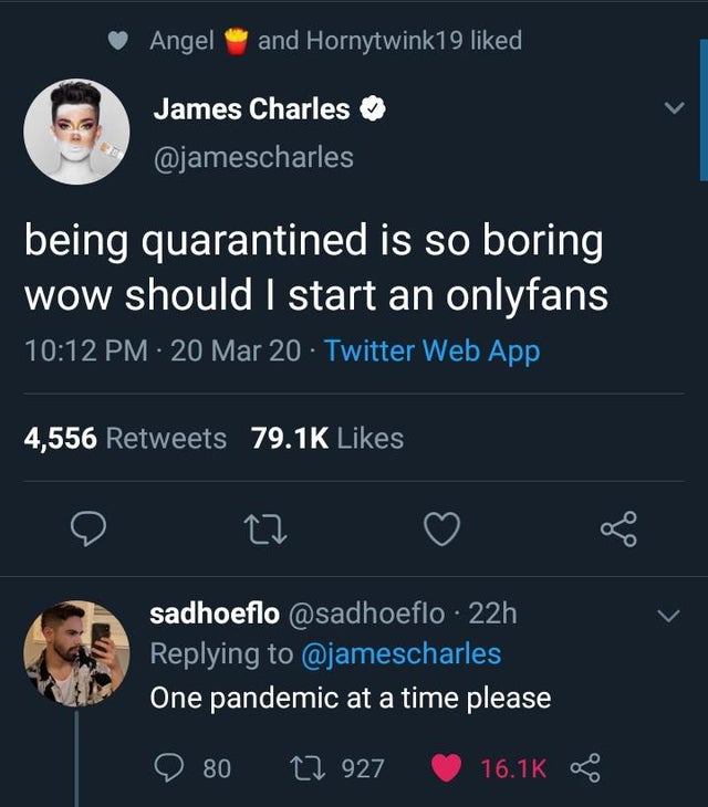 screenshot - Angel and Hornytwink19 d James Charles being quarantined is so boring wow should I start an onlyfans 20 Mar 20 Twitter Web App 4,556 sadhoeflo 22h One pandemic at a time please 80 C2 927 2