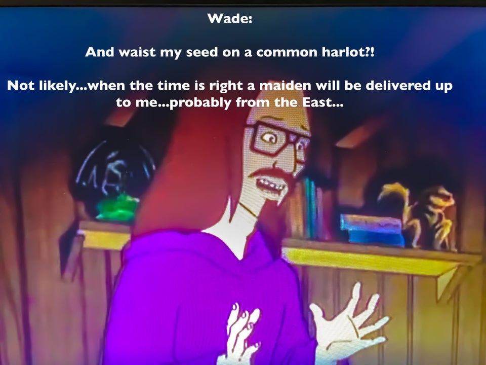 cartoon - Wade And waist my seed on a common harlot?! Not ly...when the time is right a maiden will be delivered up to me...probably from the East...