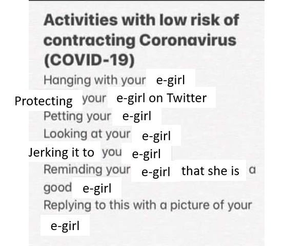 number - Activities with low risk of contracting Coronavirus Covid19 Hanging with your egirl Protecting your egirl on Twitter Petting your egirl Looking at your egirl Jerking it to you egirl Reminding your egirl that she is a good egirl this with a pictur
