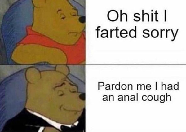 fancy winnie the pooh meme - Oh shit farted sorry Pardon me I had an anal cough