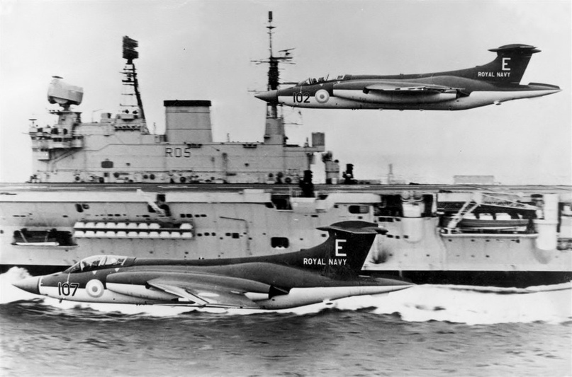 Two attack aircrafts Buccaner S.1 fly over HMS Eagle(1964 - 1966)