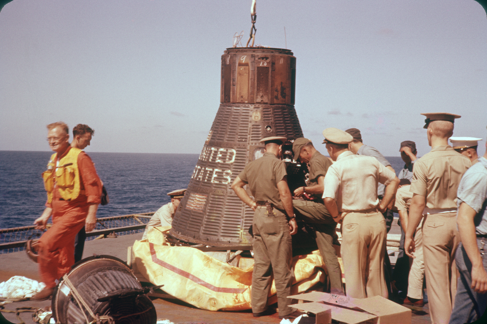 Recovery Personnel checking out Mercury Atlas 8 capsule 1962