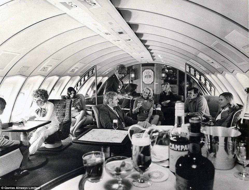 The luxuries of flying in the past as shown here in this Qantas Airways 747 upper deck in 1971