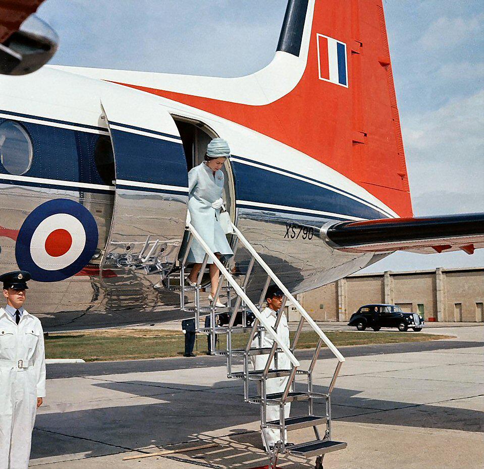 The Queen leaving a Hawker Siddeley Andover whilst visiting RAF Thorney Island 1964