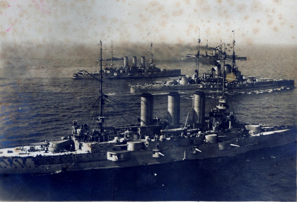 Four Austro-Hungarian battleships (2 dreadnoughts and 2 pre-dreadnought types) steaming in formation somewhere in Adriatic, WW1, c.1917/1918