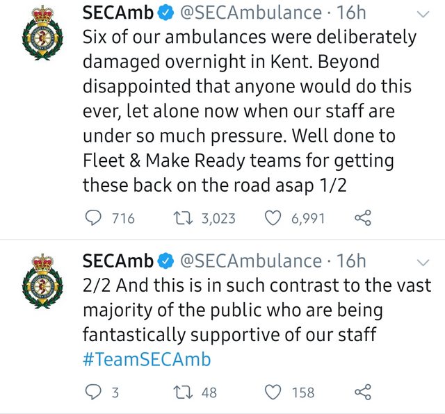 west midlands ambulance service - SECAmb 16h Six of our ambulances were deliberately damaged overnight in Kent. Beyond disappointed that anyone would do this ever, let alone now when our staff are under so much pressure. Well done to Fleet & Make Ready te
