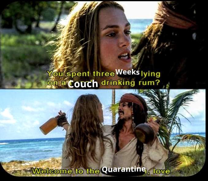 pirate johnny depp quotes - You spent three weeks lying on a couch drinking rum? Welcome to the Quarantine, love.
