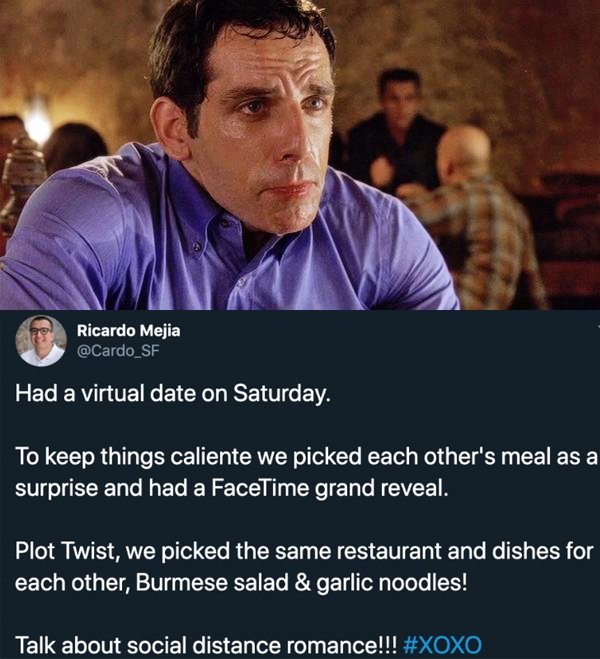 man eats spicy food - Ricardo Mejia 'Had a virtual date on Saturday. To keep things caliente we picked each other's meal as a surprise and had a FaceTime grand reveal. Plot Twist, we picked the same restaurant and dishes for each other, Burmese salad & ga