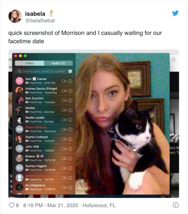pet - isabela quick screenshot of Morrison and I casually waiting for our facetime date Video Audio 2 Q Enter a name, email, or number Sc 02 Og Sw Sam Casner B! FaceTime 040 Andrea GarciaD'Angeli et FaceTime Yesterday 04 Bob Zucchini FaceTime Tuesday Da M