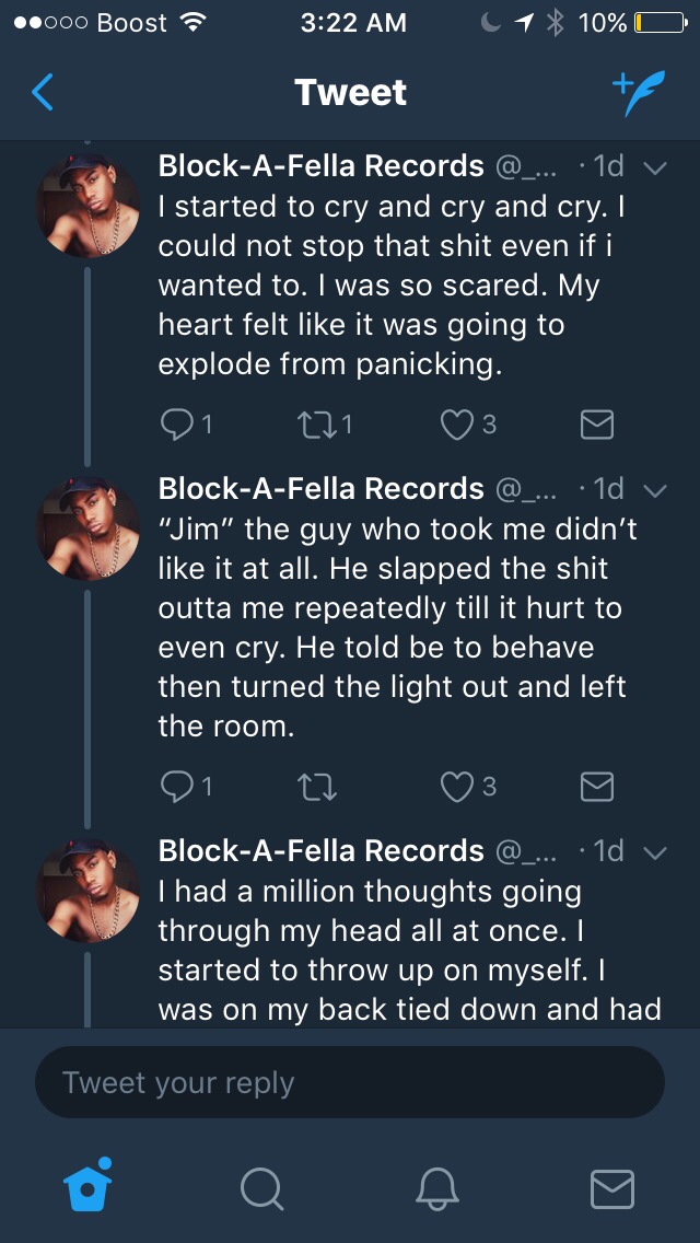 screenshot - ..000 Boost 1 10%O Tweet BlockAFella Records ... .1d v I started to cry and cry and cry. I could not stop that shit even if i wanted to. I was so scared. My heart felt it was going to explode from panicking. 01 271 3 o BlockAFella Records ...