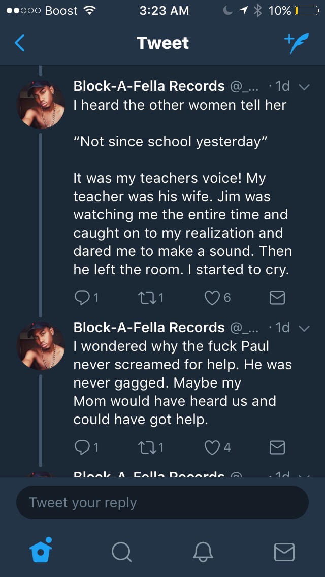 screenshot - ..000 Boost 1 10% O Tweet BlockAFella Records ... .1d v I heard the other women tell her "Not since school yesterday" It was my teachers voice! My teacher was his wife. Jim was watching me the entire time and caught on to my realization and d