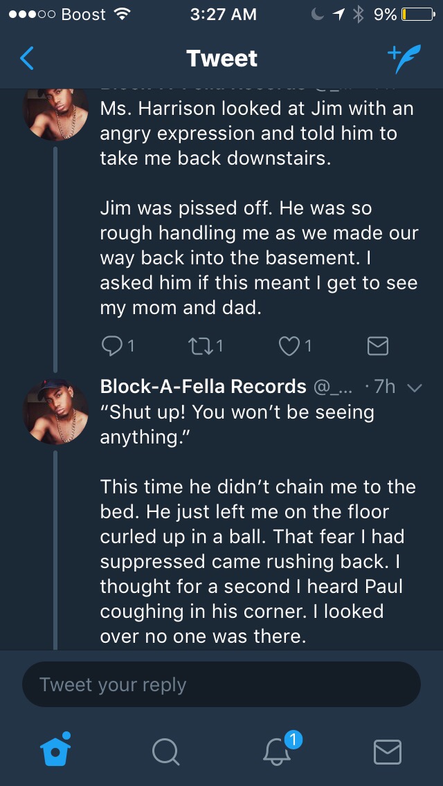 screenshot - ...00 Boost T 1 9% O Tweet Ms. Harrison looked at Jim with an angry expression and told him to take me back downstairs. Jim was pissed off. He was so rough handling me as we made our way back into the basement. I asked him if this meant I get