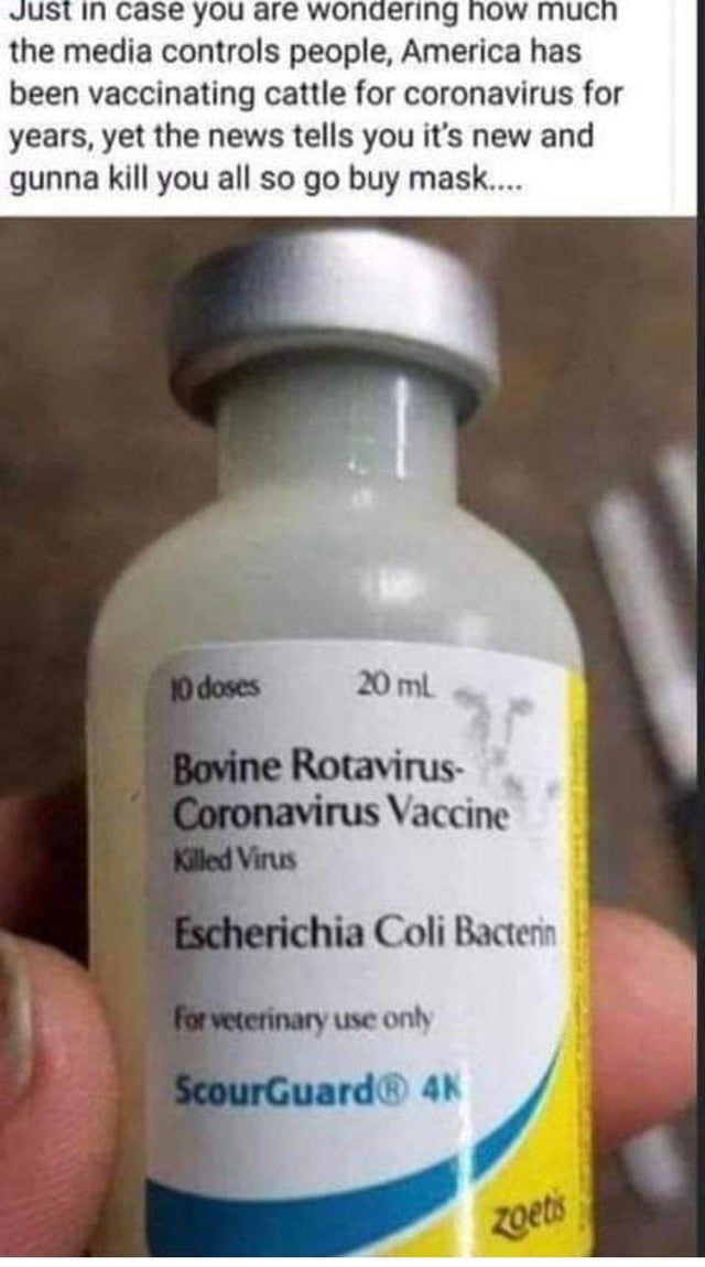 injection - Just in case you are wondering how much the media controls people, America has been vaccinating cattle for coronavirus for years, yet the news tells you it's new and gunna kill you all so go buy mask.... 10 doses 20 mL Bovine Rotavirus Coronav