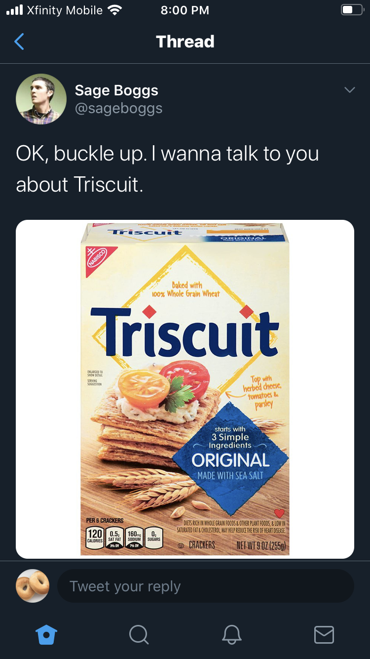 triscuit original - ..ll xfinity Mobile Thread Sage Boggs Ok, buckle up. I wanna talk to you about Triscuit Triscuit Simon Original Made With Seas 120 Es Posuere Tweet your