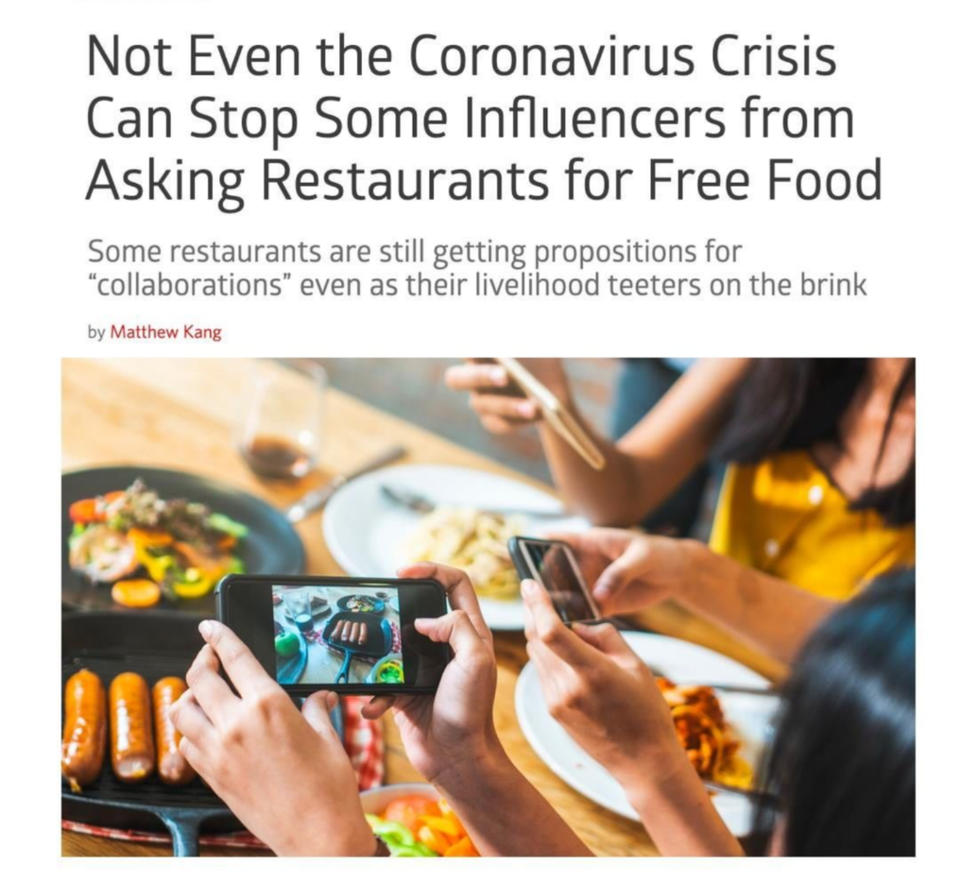 junk food - Not Even the Coronavirus Crisis Can Stop Some Influencers from Asking Restaurants for Free Food Some restaurants are still getting propositions for "collaborations" even as their livelihood teeters on the brink by Matthew Kang
