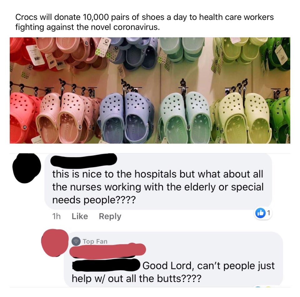 plastic - Crocs will donate 10,000 pairs of shoes a day to health care workers fighting against the novel coronavirus. a. this is nice to the hospitals but what about all the nurses working with the elderly or special needs people???? 1h Top Fan Good Lord