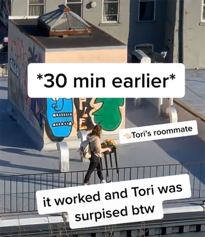vehicle - 30 min earlier Tori's roommate it worked and Tori was surpised btw