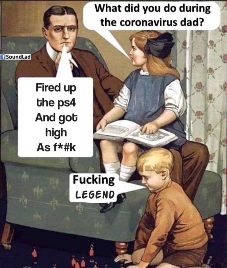 human behavior - What did you do during the coronavirus dad? f SoundLad Fired up the ps4 And got high As f Fucking Legend