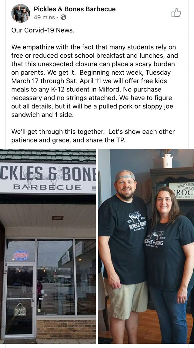 media - Pickles & Bones Barbecue 49 mins. Our Corvid19 News. We empathize with the fact that many students rely on free or reduced cost school breakfast and lunches, and that this unexpected closure can place a scary burden on parents. We get it. Beginnin
