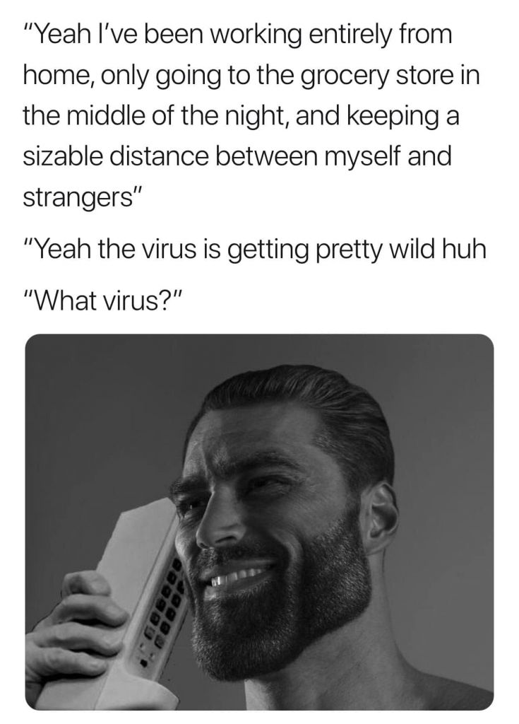well yes how could you tell - "Yeah I've been working entirely from home, only going to the grocery store in the middle of the night, and keeping a sizable distance between myself and strangers" "Yeah the virus is getting pretty wild huh "What virus?"