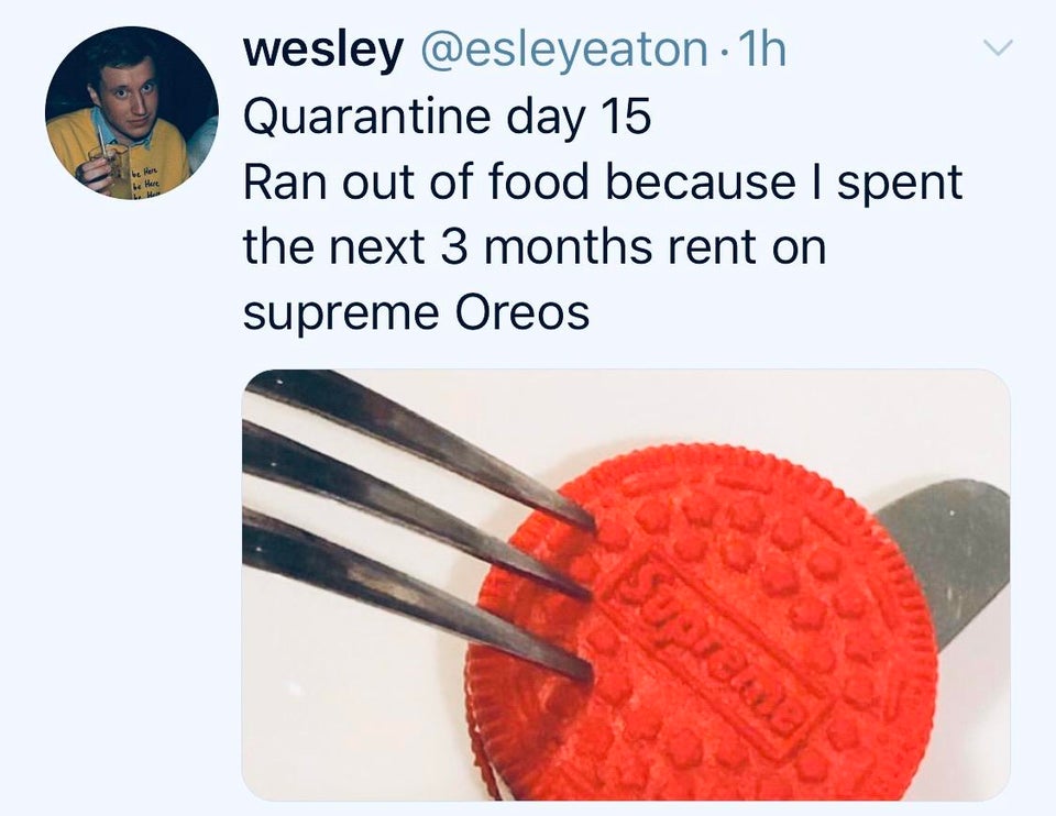 wesley 1h Quarantine day 15 Ran out of food because I spent the next 3 months rent on supreme Oreos