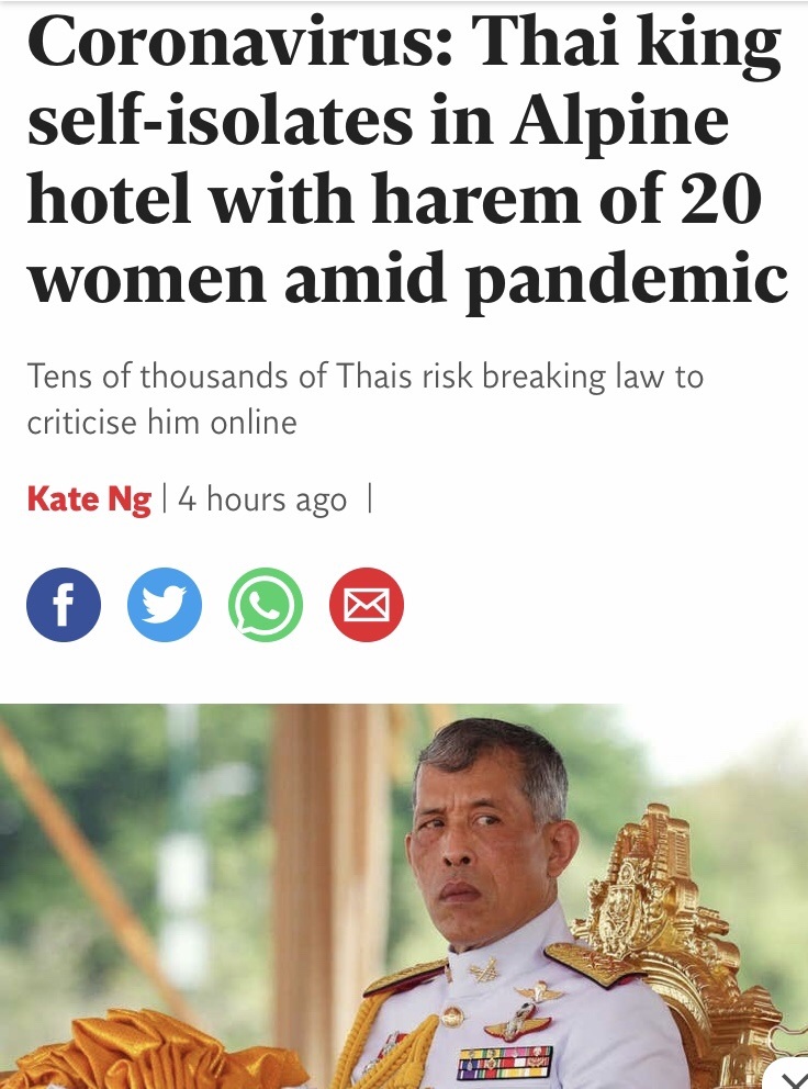 thai king - Coronavirus Thai king selfisolates in Alpine hotel with harem of 20 women amid pandemic Tens of thousands of Thais risk breaking law to criticise him online Kate Ng | 4 hours ago ||