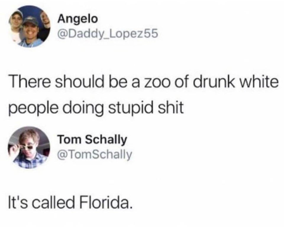 there should be a zoo of white people - Angelo There should be a zoo of drunk white people doing stupid shit Tom Schally It's called Florida.