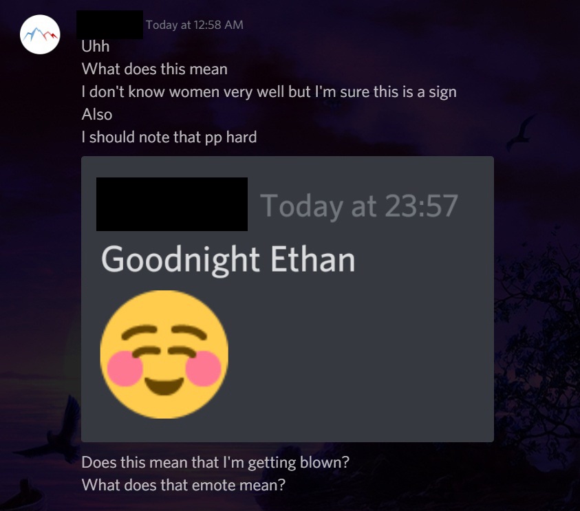 screenshot - Today at Uhh What does this mean I don't know women very well but I'm sure this is a sign Also I should note that pp hard Today at Goodnight Ethan Does this mean that I'm getting blown? What does that emote mean?
