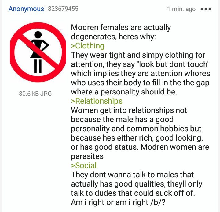 women allowed sign - Anonymous| 823679455 1 min. ago ... 30.6 kB Jpg Modren females are actually degenerates, heres why >Clothing They wear tight and simpy clothing for attention, they say "look but dont touch" which implies they are attention whores who 