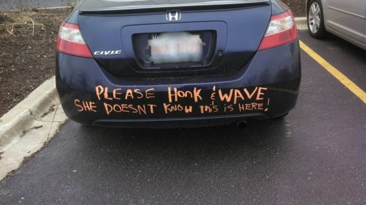 april fools prank - Please Honk Wave, She Doesnt Know this is Here.