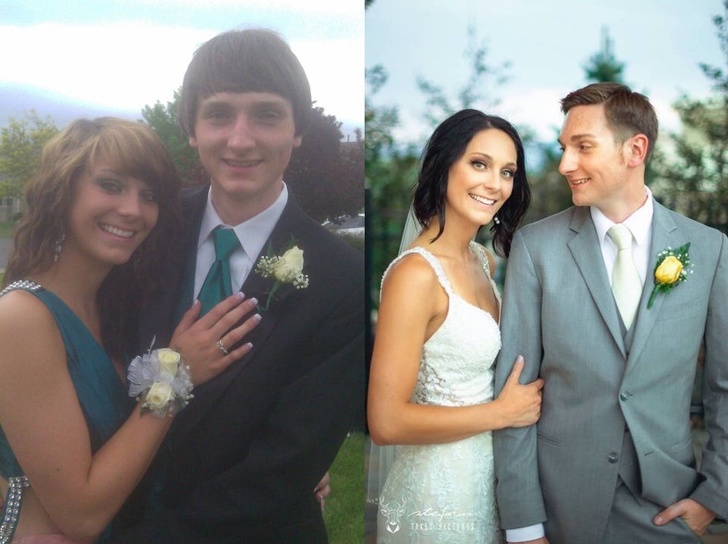 prom vs wedding - couple at prom then at wedding